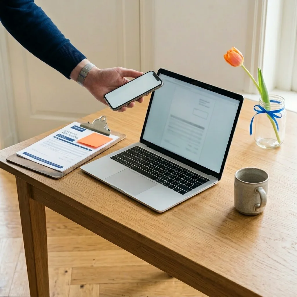 Op de keukentafel: laptop met offerteformulier, telefoon en klembord met sinaasappelgele post-it.