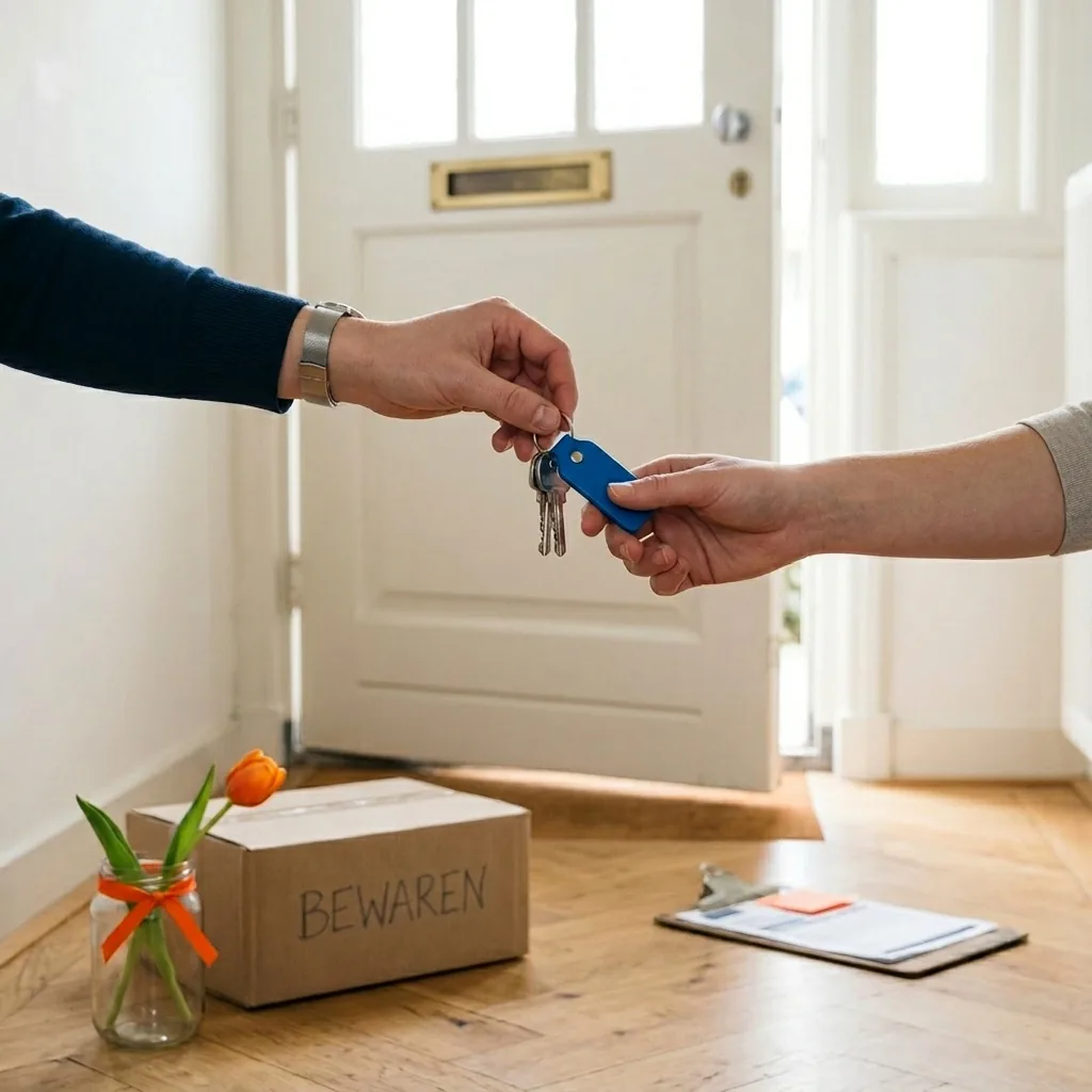 Sleuteloverdracht in de hal van een Nederlandse jaren-30 woning, met BEWAREN-doos op de parketvloer.