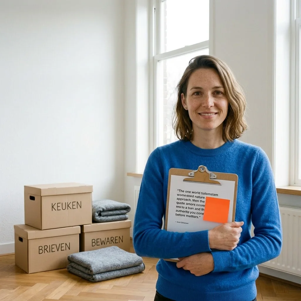 Drie mensen aan het werk in opgeruimde Nederlandse interieurs met gelabelde verhuisdozen.