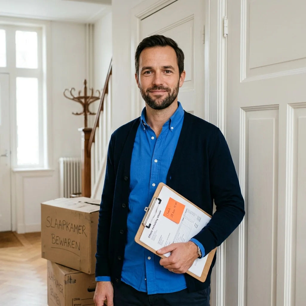 Drie mensen aan het werk in opgeruimde Nederlandse interieurs met gelabelde verhuisdozen.