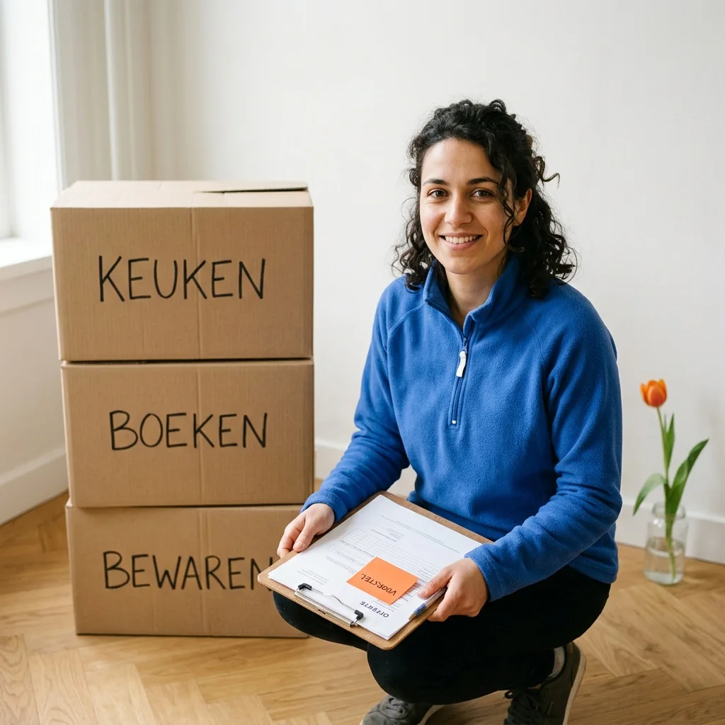 Drie mensen aan het werk in opgeruimde Nederlandse interieurs met gelabelde verhuisdozen.